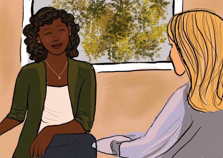 Illustration zweier Frauen, die sich gegenüber sitzen und im Gespräch vertieft sind. Eine Frau lächelt entspannt. Durch das Fenster im Hintergrund ist grünes Blattwerk zu sehen.