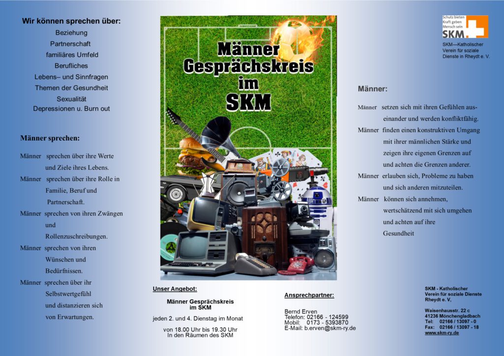Flyer zum Männergesprächskreis. Das Angebot findet bei Bedarf: jeden zweiten und vierten Dienstag im Monat in den Räumlichkeiten des SKM auf der Waisenhausstraße 22 c statt.