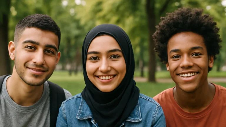 Zwei junge Männer und eine Junge Frau mit Migrationshintergrund lächeln freundlich